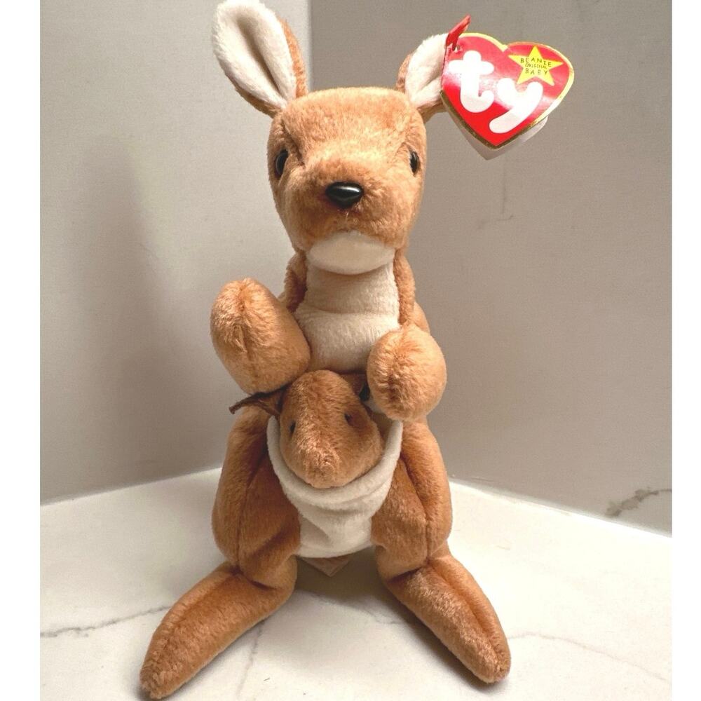 Vintage 1996 Pouch Ty Beanie Baby - 4161 Pouch Kangaroo with Joey Tags Attached